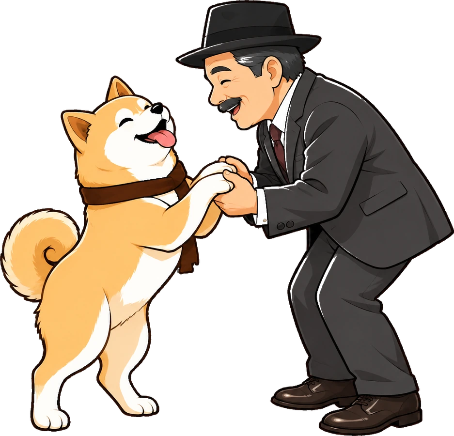 Hachiko happily greeting his owner at the station